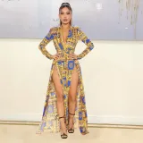 Women's fashion sexy split print long sleeve dress