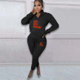 Printed letter plush pullover zipper casual sports suit