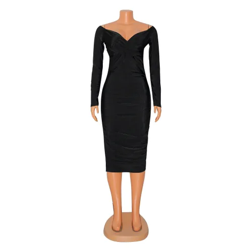 Women's sexy one shoulder pleated hip wrap long sleeve dress