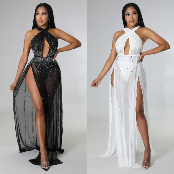 Women's sexy mesh perspective hot drill split dress