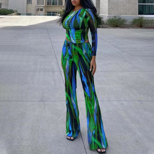 Green printed T-shirt wide leg pants fashionable casual two-piece set