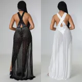 Women's sexy mesh perspective hot drill split dress