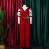 V-Neck Slim Fit High Waist Mesh Splice Oversized Jumpsuit