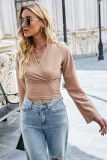 Sexy cross V-neck waist closed and navel exposed short chest style shirt slim long sleeved t-shirt
