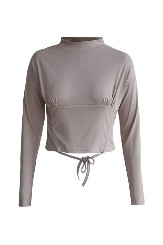 Sexy tight drawstring slim long sleeved t-shirt fashionable side pleated open navel casual bottoming shirt top
