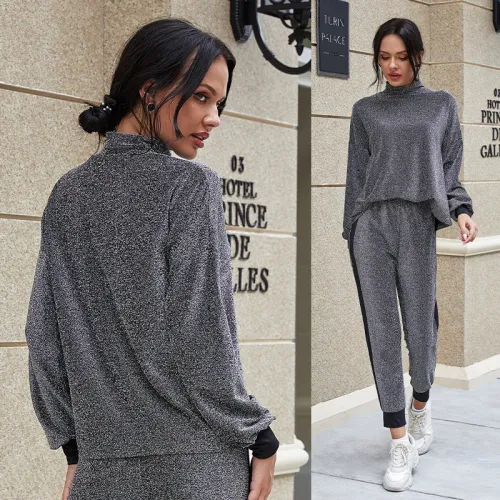Fashion casual high elastic silk long sleeve household women's round neck women's sports two-piece set