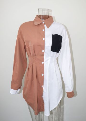 Women's waist collection color contrast splicing top pocket long sleeve chiffon shirt