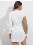 Women's waist collection color contrast splicing top pocket long sleeve chiffon shirt