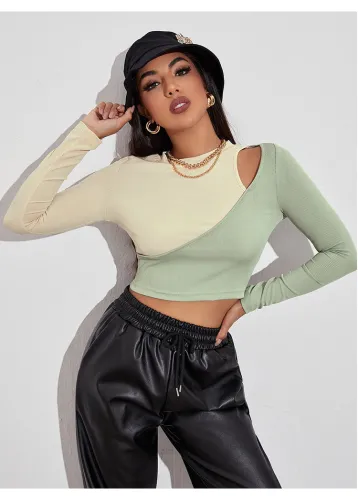 Sexy short color contrast off shoulder t-shirt splicing slim top women's bottomed long sleeve T-shirt