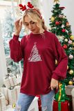 Christmas tree loose long sleeve round neck printed women's blouse wine red medium long sweater
