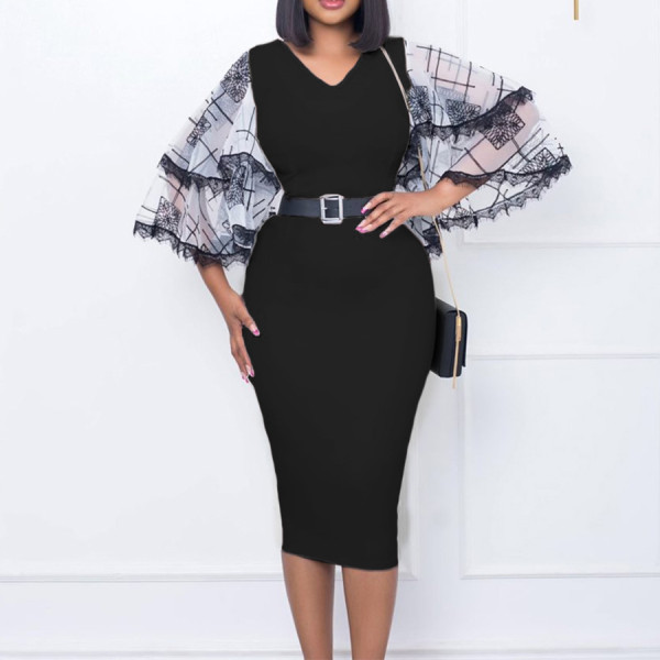 V-Neck Flare Sleeve Hip Wrap Commuter Office Pencil Dress Dress