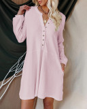 Solid V-neck long sleeve twist button casual dress for women