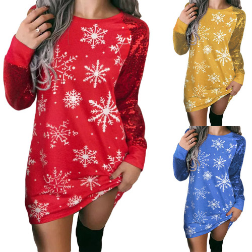 Christmas Bright Color Contrast Snowflake Print Long Sleeve Christmas Women's Dress