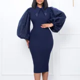 Long sleeved oversize wrap buttocks nail bead mesh splicing Tongle pencil skirt dress