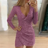 Sexy v-neck hip bag irregular short skirt sequin dress