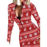 Printed Christmas V Leader Zipper Long Sleeve Christmas Dress Christmas Women's Dress