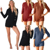 Solid color pit bar button lapel slim long sleeved casual fashion jumpsuit for women