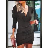 Narrow waist solid color V-neck long sleeve tight skirt ethnic style nightclub dress
