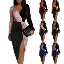 Color blocking ethnic style, high waist, solid color, commuting mid length skirt, long sleeve, waist closing, shiny dress