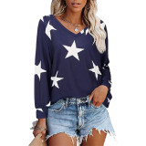 Five pointed star printed V-neck long sleeved sweater T-shirt for women