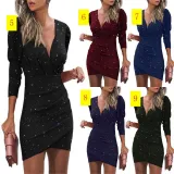 Narrow waist solid color V-neck long sleeve tight skirt ethnic style nightclub dress