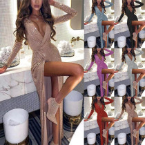 Solid V-Neck Shiny Sexy Nightclub Dress Slim Long Sleeve Dress