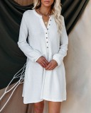 Solid V-neck long sleeve twist button casual dress for women