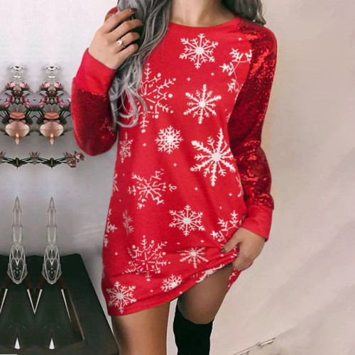 Christmas Bright Color Contrast Snowflake Print Long Sleeve Christmas Women's Dress