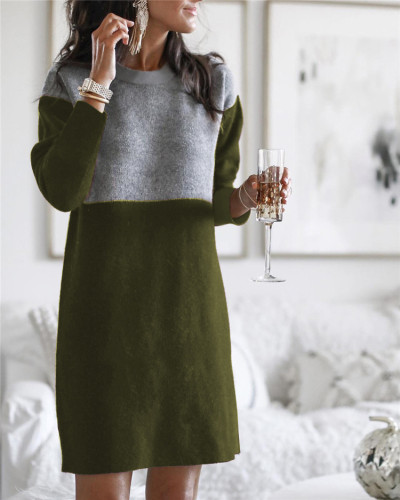 Women's sweater patchwork skirt loose large round neck long sleeve women's dress