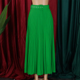 High waist and large hem medium long pleated skirt