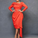 Solid long sleeve diagonal collar pleated pencil dress dress