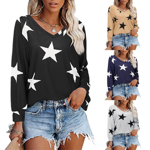 Five pointed star printed V-neck long sleeved sweater T-shirt for women