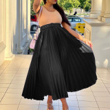 High waist and large hem medium long pleated skirt