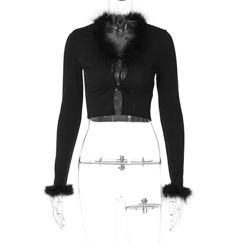 Design plush black slim short sleeved top