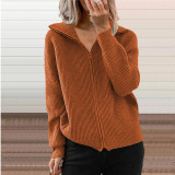 Stripe casual coat loose knit zipper cardigan long sleeve lapel sweater