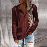 Stripe casual sweater loose knit zipper cardigan long sleeve hooded sweater