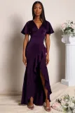 V-Neck Irregular Ruffle Waist Skinny Long Party Dress