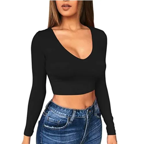 Solid color base coat sexy super short low cut bodice bodice tight long sleeve t-shirt