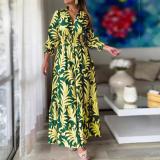 Long skirt with waistband pullover, bohemian print, long sleeve, big hem dress