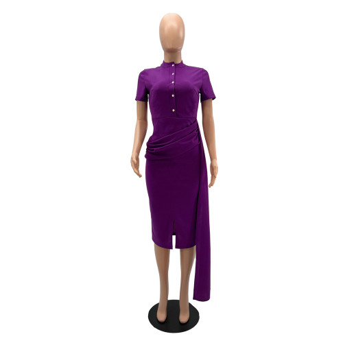 Short sleeve temperament, solid color, waist closing, slim fitting, hip bag, medium length women's dress