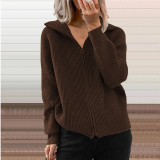 Stripe casual coat loose knit zipper cardigan long sleeve lapel sweater