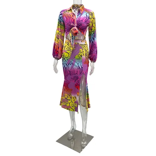 Sexy strap long sleeve cardigan fashionable printed split skirt two-piece set