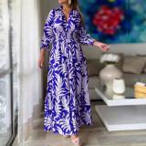 Long skirt with waistband pullover, bohemian print, long sleeve, big hem dress