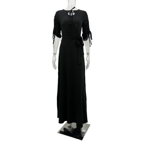 Solid color medium long sleeve temperament high split women's drawstring long dress dress