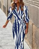 Fashion printed shirt collar lace up mid length striped dress