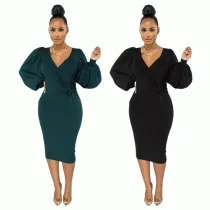 Solid color medium long bubble sleeve slim women's dress