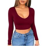 Solid color base coat sexy super short low cut bodice bodice tight long sleeve t-shirt