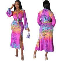 Sexy strap long sleeve cardigan fashionable printed split skirt two-piece set