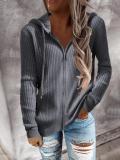 Stripe casual sweater loose knit zipper cardigan long sleeve hooded sweater