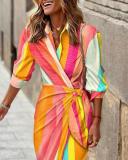 Fashion printed shirt collar lace up mid length striped dress